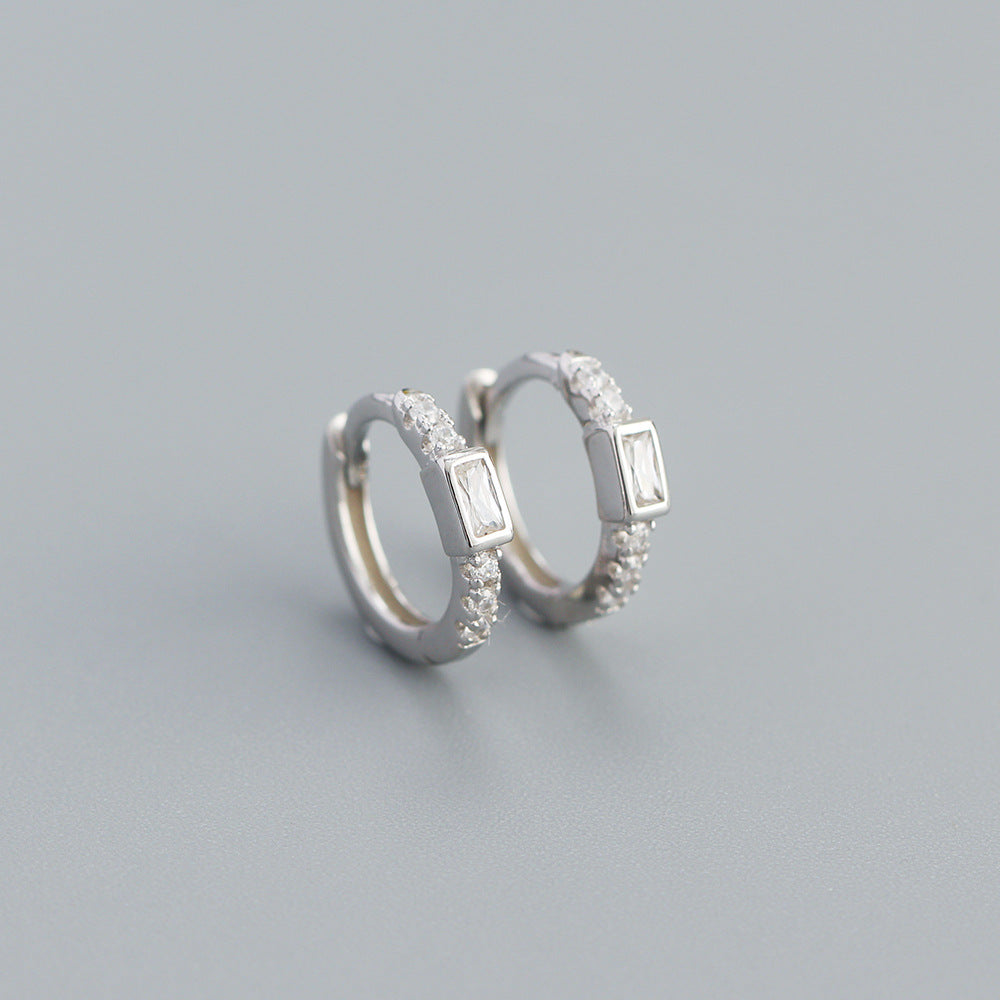 Minimalist Geometric S925 Sterling Silver Hoop Earrings with Rhinestone Inlay for Women