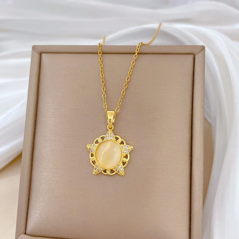 Collana con Pendente a Stella e Luna in Stile Cartone Animato da Donna in Acciaio Inossidabile con Design Geometrico Cavo, Catena di Lusso per Clavicola con Dettagli in Strass