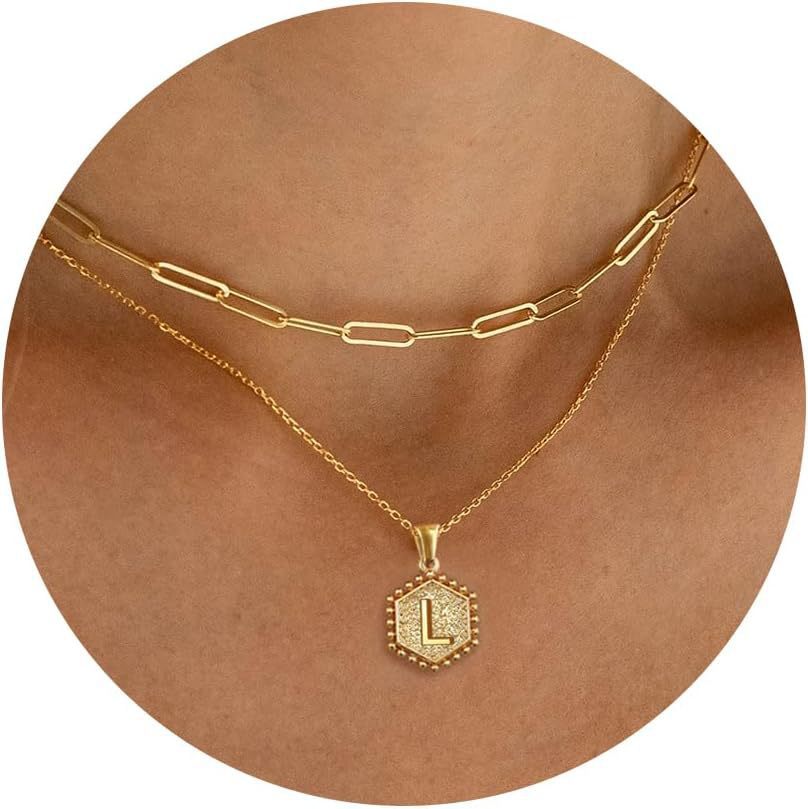 Vintage 18K Gold Plated Double Layer Paperclip Chain Necklace with Stainless Steel Heart and Hexagon Letter Pendant for Women