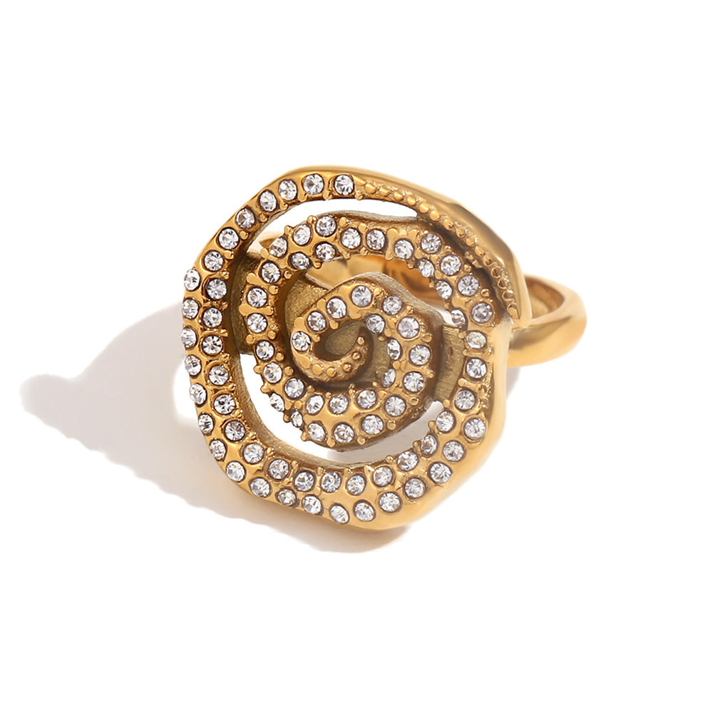 Minimalist Geometric Stainless Steel Ring with 18K Gold Plating, Swirl Knot and Daisy Accent for Women