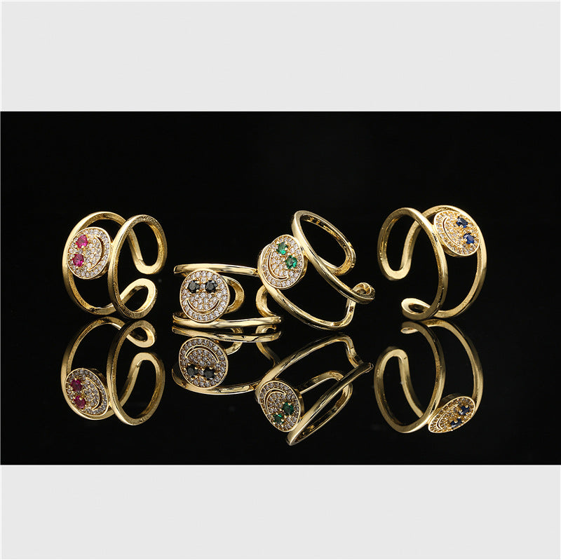 18K Gold Plated Brass Geometric Ring with Micro-Inlaid Cubic Zirconia for Women