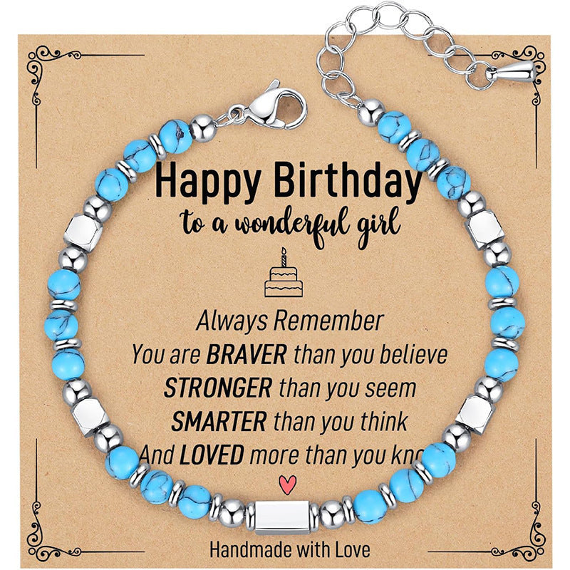 Sweet Round Stainless Steel Bracelet with Turquoise and Crystal Inlay Unisex Adjustable Handmade Jewelry