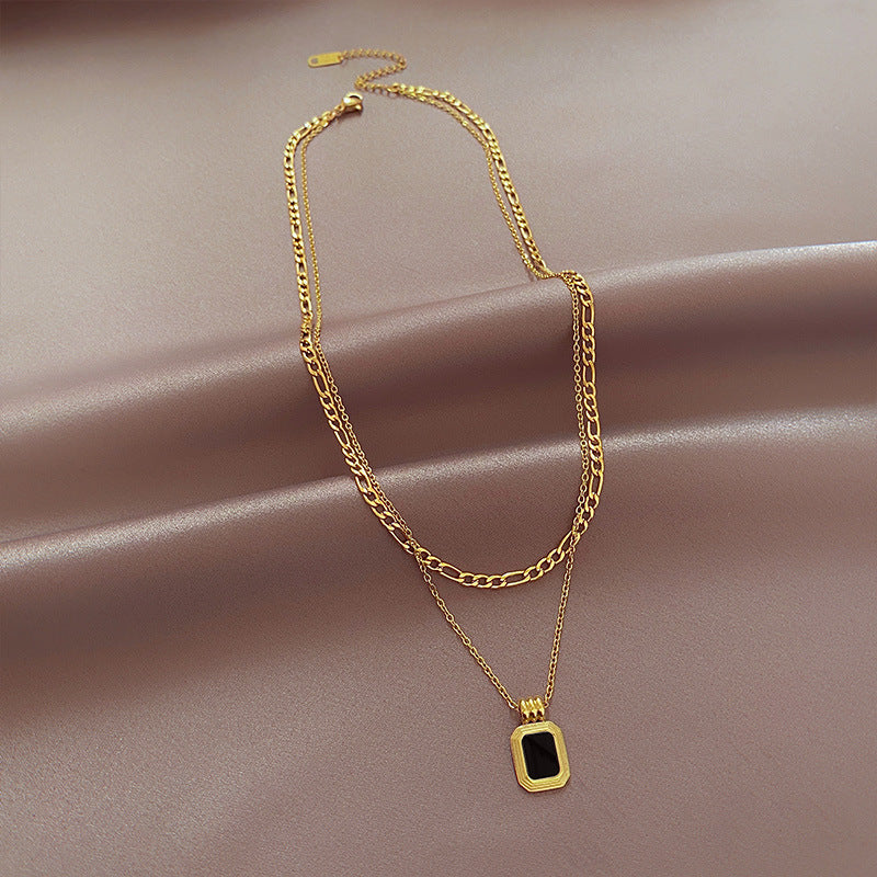 Minimalist Geometric Black Square Titanium Steel Necklace for Women and Men, Hypoallergenic Plated Locket Chain