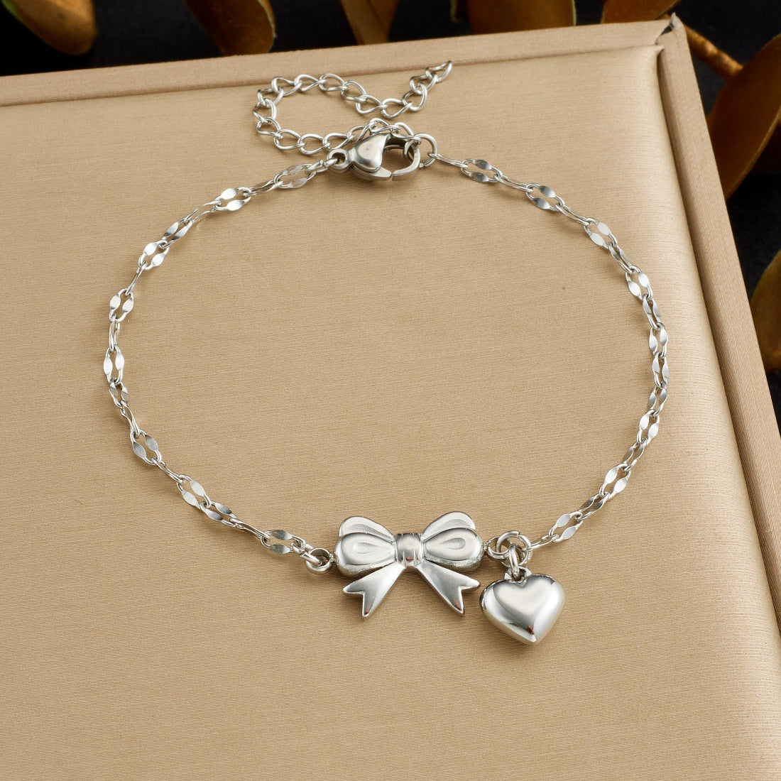 Gold Plated Stainless Steel Heart and Bow Bracelet for Women