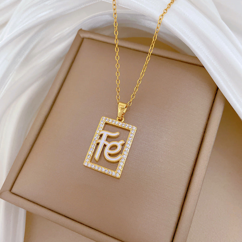 Sweet Geometric Square Hollow Rhinestone Pendant Titanium Steel Necklace for Unisex