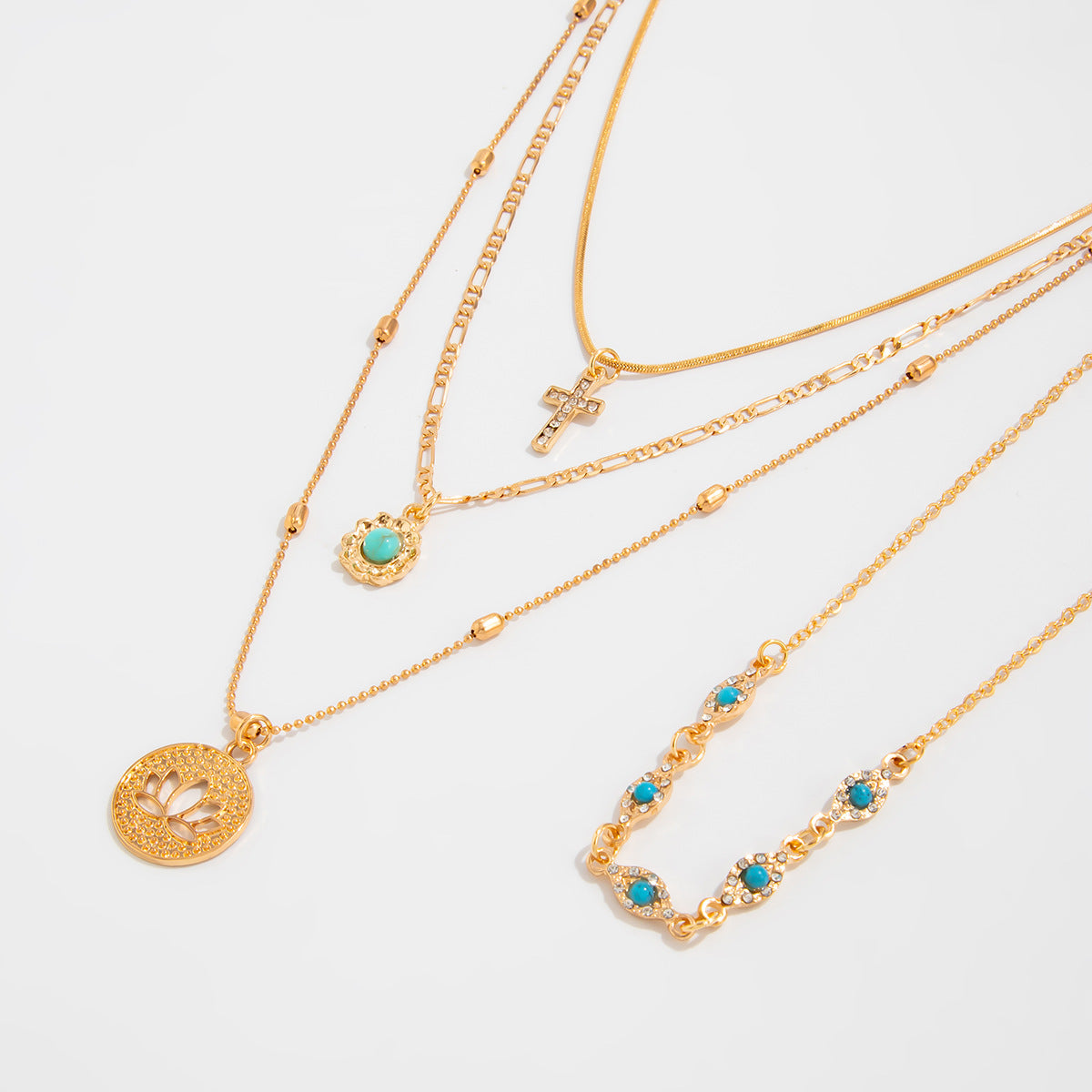 Vintage Ethnic Lotus Drop Pendant Necklace with Rhinestone Cross Accents on Delicate Chain for Women