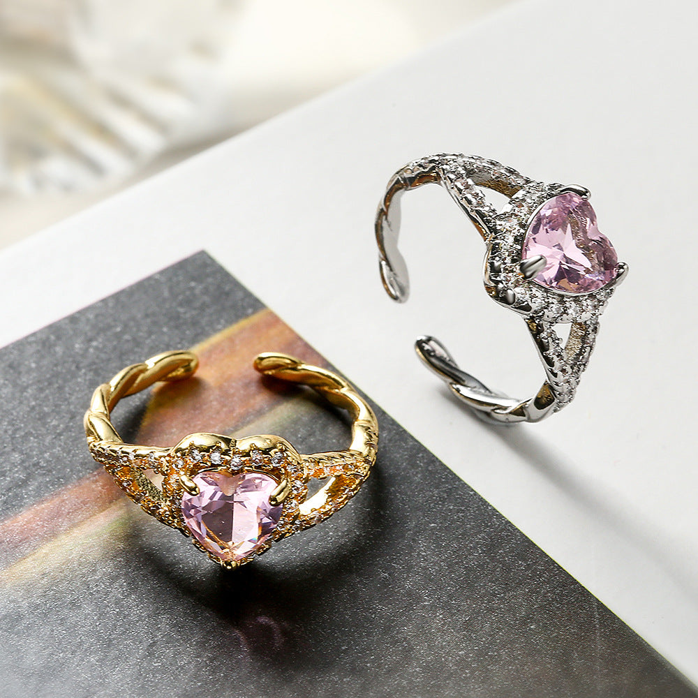 Minimalist Luxe Copper Ring with 18K Gold Plating and Cubic Zirconia Heart Shape for Women