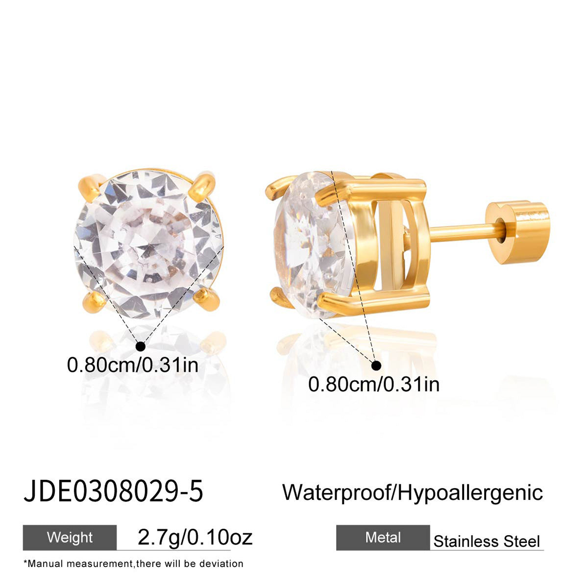 Minimalist Elegant Geometric Heart Stainless Steel PVD Cubic Zirconia Stud Earrings for Women