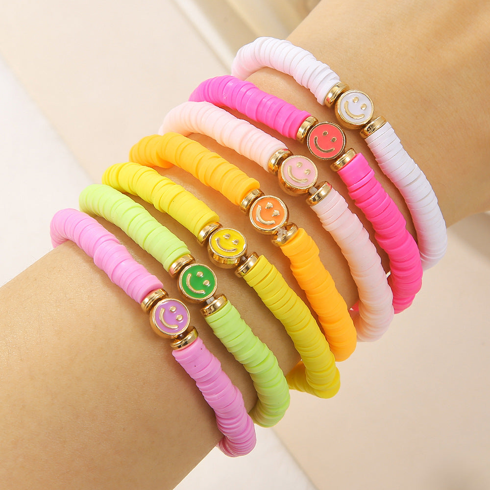 Set di Bracciali da Donna a Mano in Argilla Polimerica e Lega, Stile Bohemien, con Ciondoli Smiley Smaltati