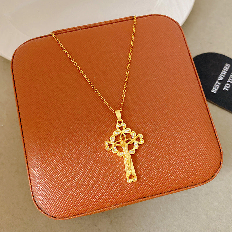Sporty Sweet 18K Gold Plated Cross Titanium Steel Necklace with Cubic Zirconia for Women