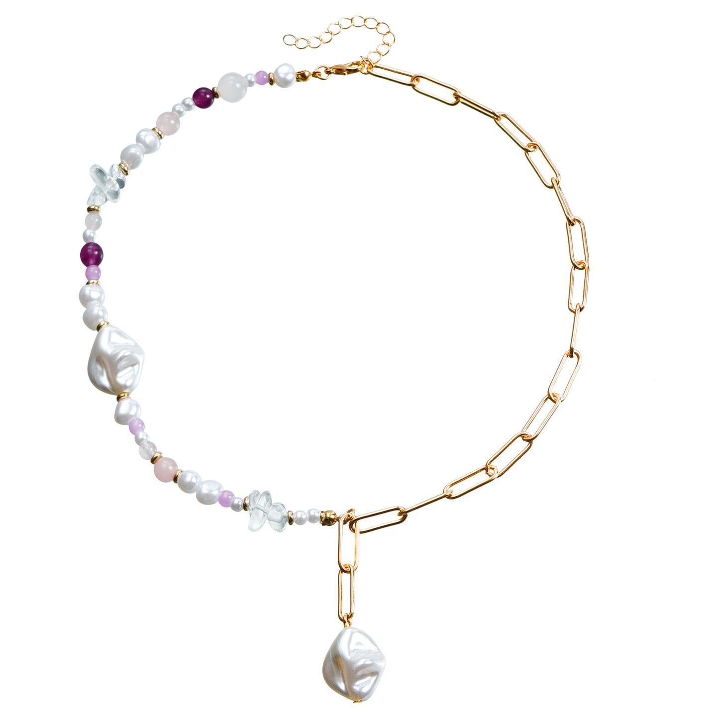 Fashion Minimalist Geometric Beaded Necklace with Imitation Pearls and Plated Metal Chain for Women