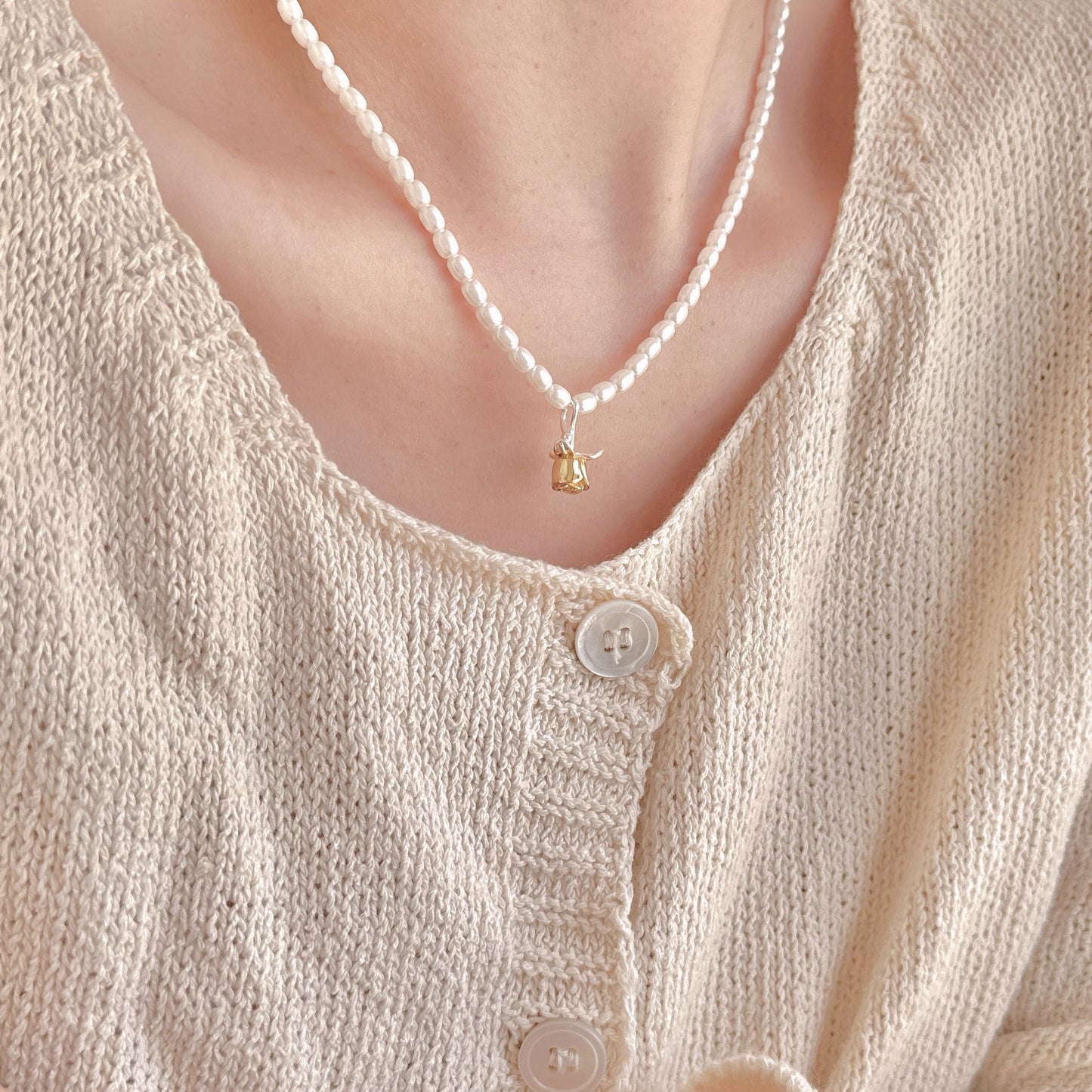 Minimalist Floral Rose Pendant Necklace for Women in 925 Sterling Silver with Crystal and Pearl Accents on Beaded Chain