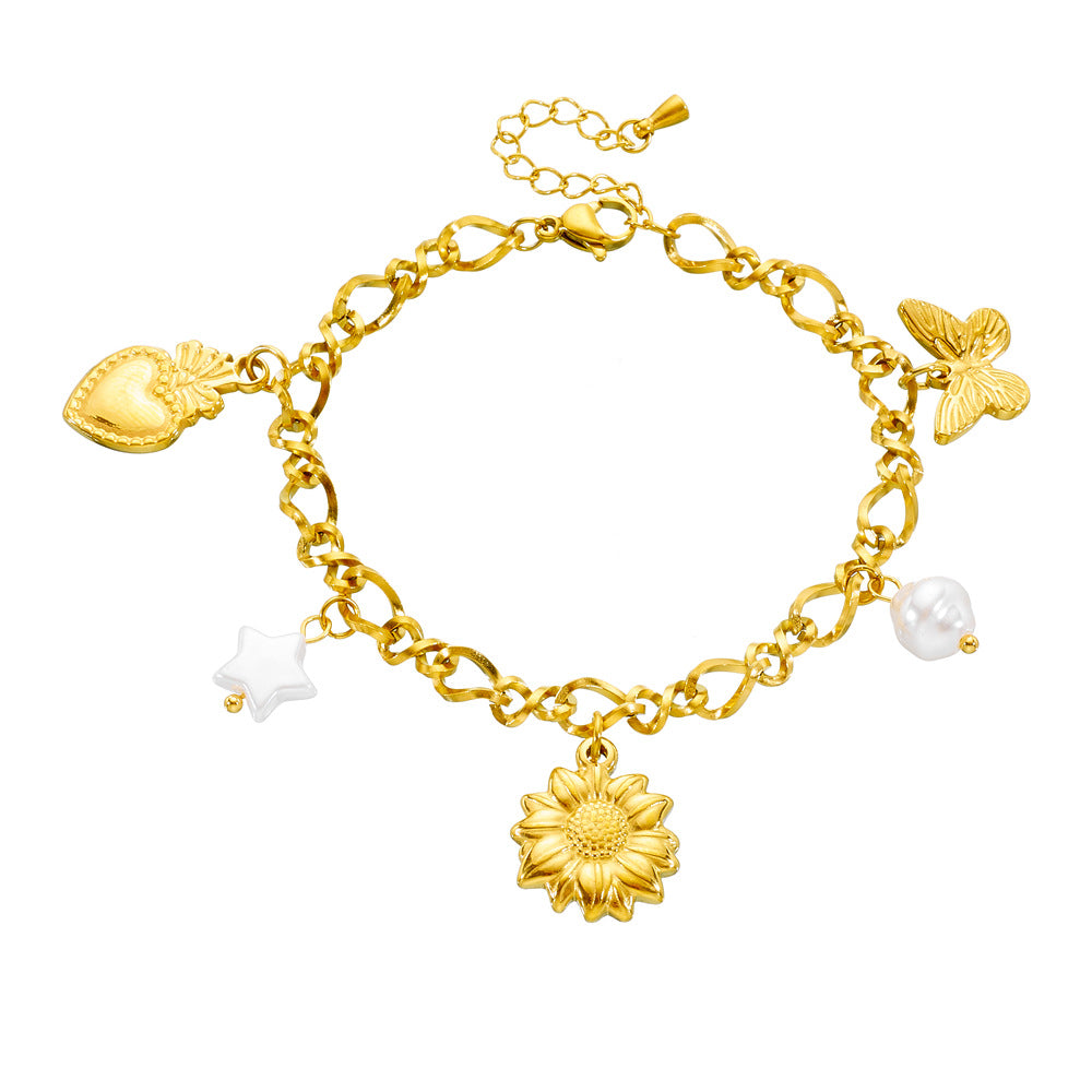 Gold Plated Stainless Steel Star Heart Butterfly Floral Bracelet