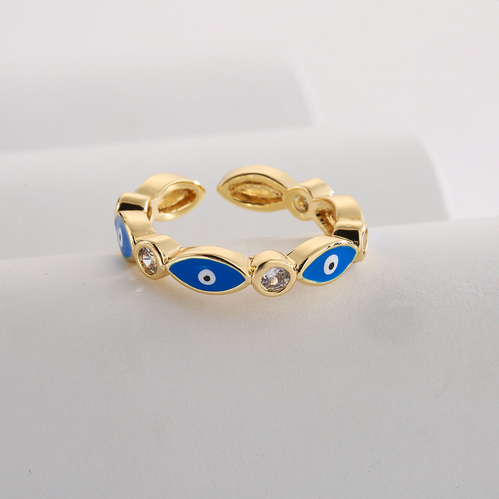 Minimalist Geometric Copper Ring with 18K Gold Plating and Enamel Eye Detail for Women