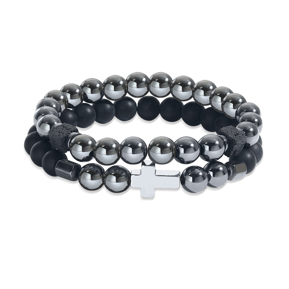 Matte Black Hematite Beaded Cross Bracelet Set