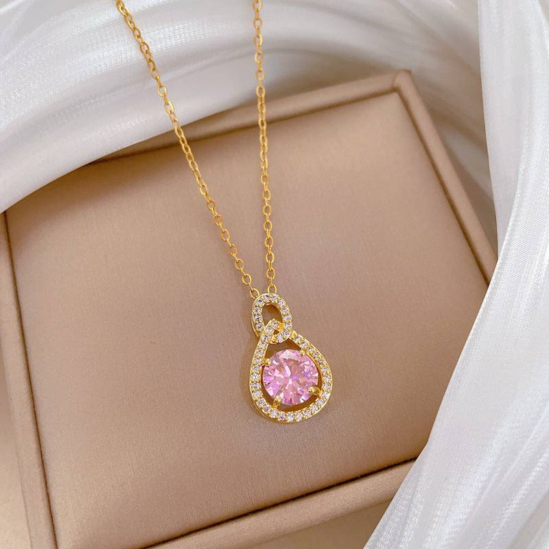 Collana con Pendente a Goccia d'Acqua Infinita Geometrica Minimalista Rosa da Donna in Acciaio al Titanio con Intarsio Completo di Strass