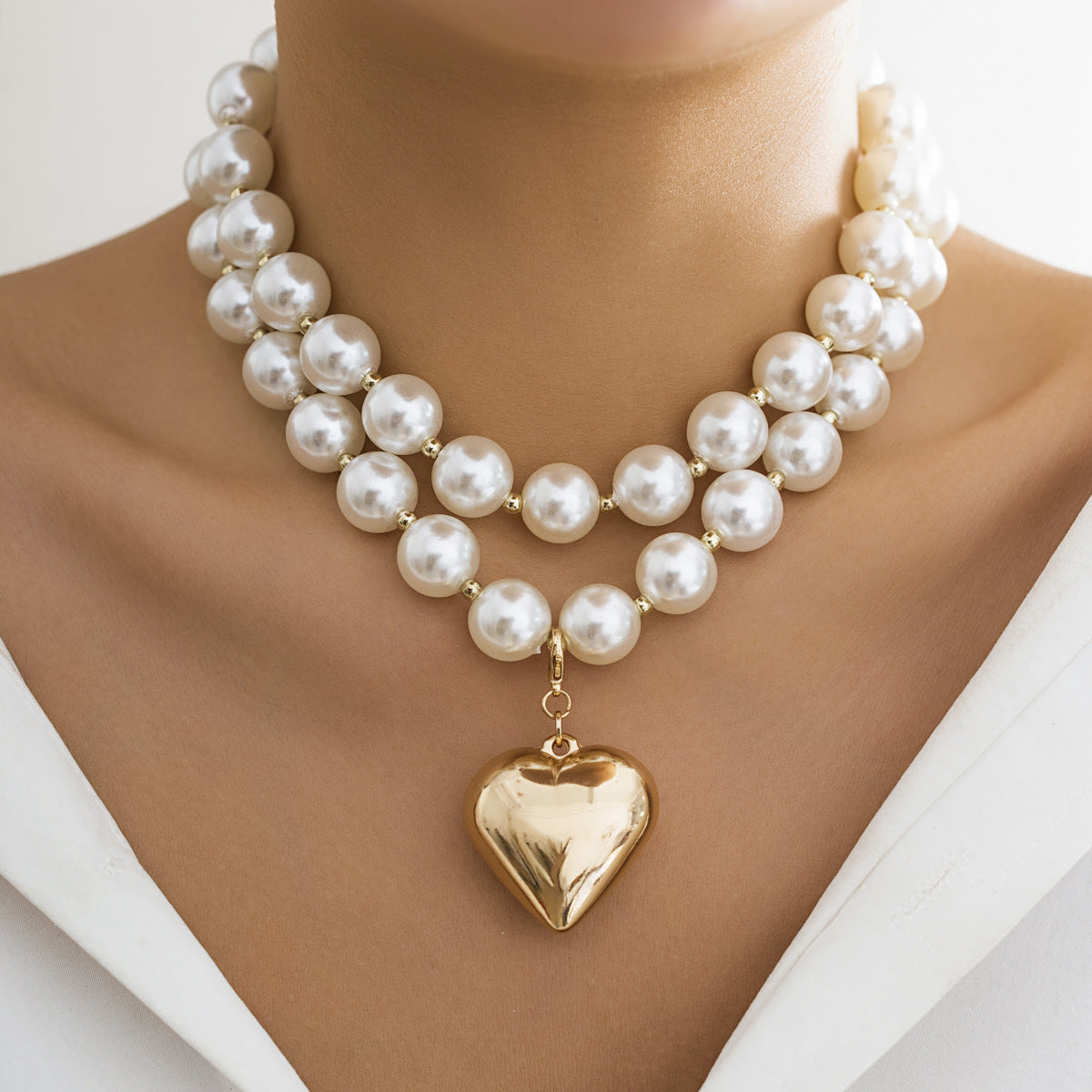 Cyberpunk Style Heart-Shaped Geometric Pendant Necklace with Imitation Pearl Beads Electroplated Multi-Layer Round Bead Chain for Women