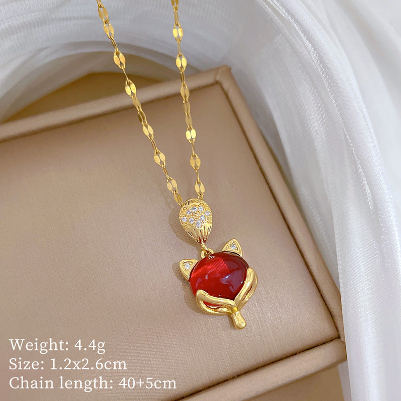 Sweet Red Gemstone Fox Pendant Full Rhinestone Titanium Steel Necklace Cable Chain