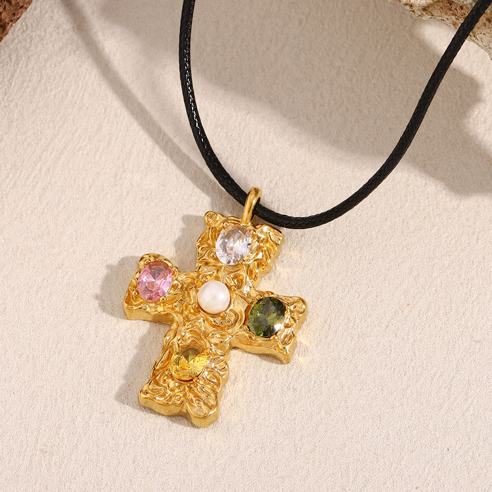 Fashionable Geometric Cross Pendant Necklace for Women Stainless Steel with 18K Gold Plating and Hammered Texture on Black Cord