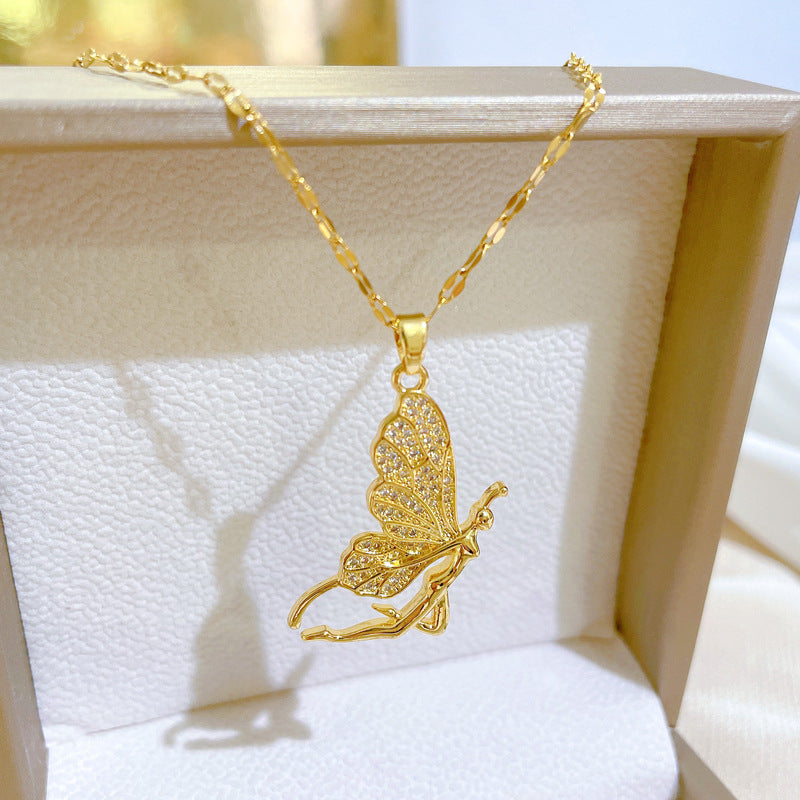 Collana da donna a farfalla in acciaio al titanio con finitura placcata, ciondolo geometrico, elegante catena per clavicola per feste di matrimonio e occasioni formali