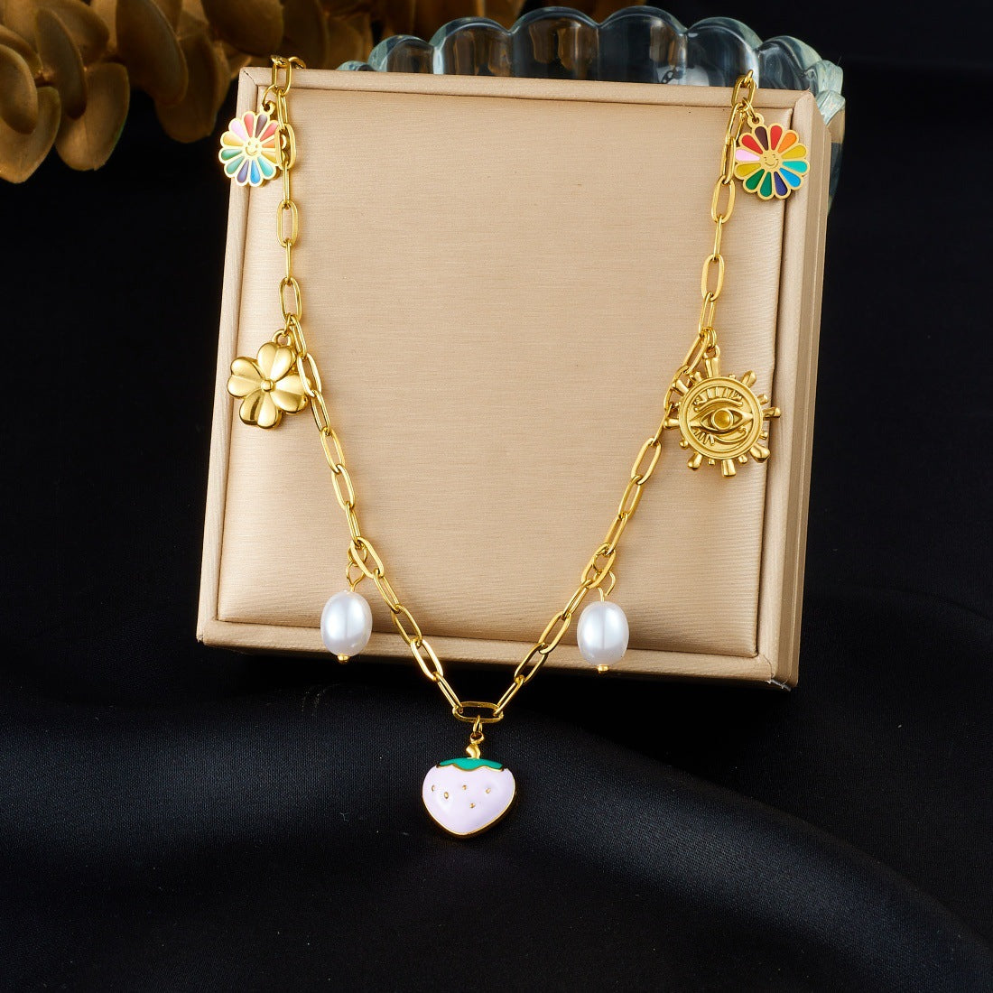 Pink Drip Oil Heart and Floral Stainless Steel Necklace with Imitation Pearl Curb Chain for Women