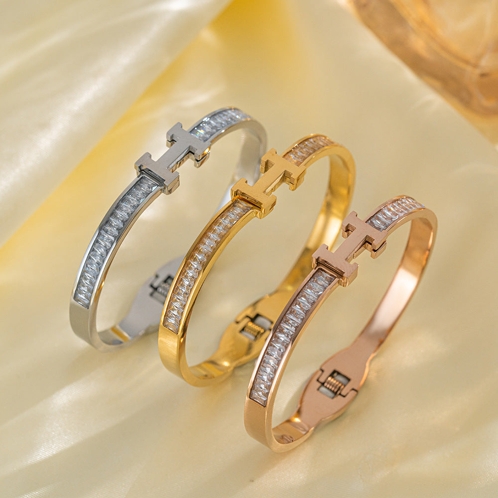 Fashion 18K Gold Plated Titanium Steel H Letter Rhinestone Spring Cuff Bracelet