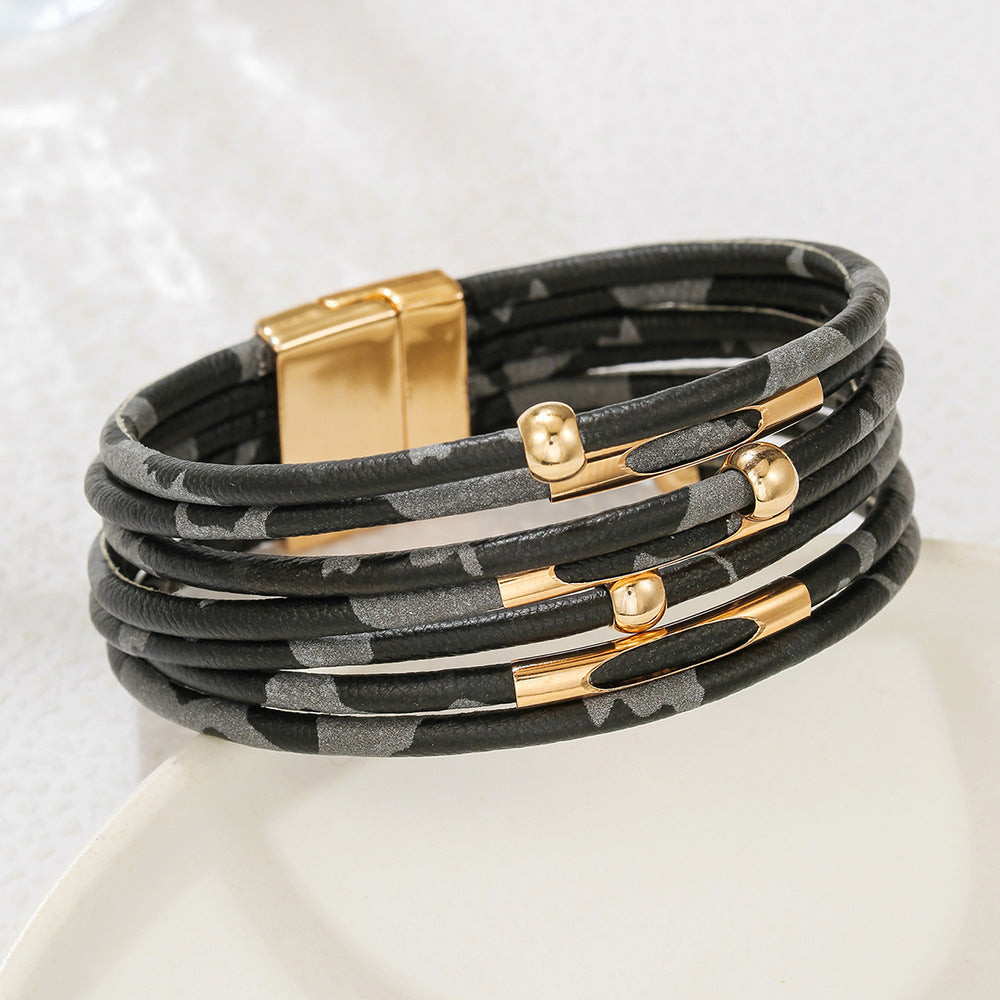 Leopard Print Geometric Round Leather Alloy Bracelet Unisex