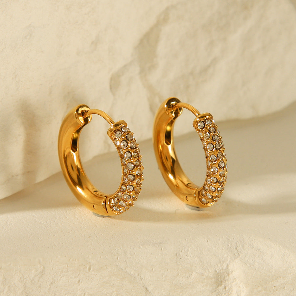 Pendientes de aro de acero inoxidable geométricos minimalistas con incrustaciones de diamantes de imitación para mujer