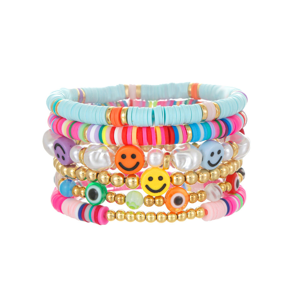 Casual Handmade Polymer Clay and Brass Beaded Bracelet with Letter and Smiley Charms