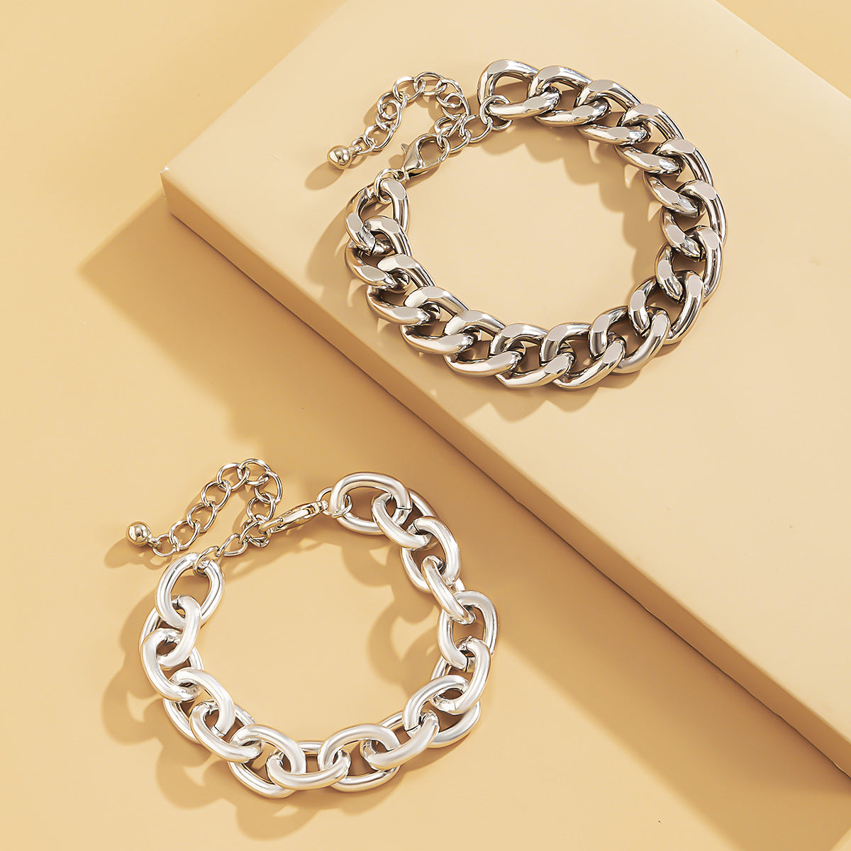 Punk Hip-hop Geometric Double Layer Thick Cuban Link Chain Plated Aluminum Alloy Bracelet Set for Women
