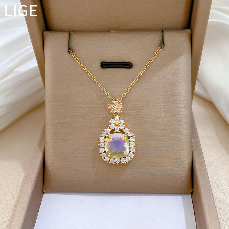 Cartoon Style Floral Pendant Necklace for Women and Men Stainless Steel Delicate Clavicle Chain with Full Rhinestone Accents