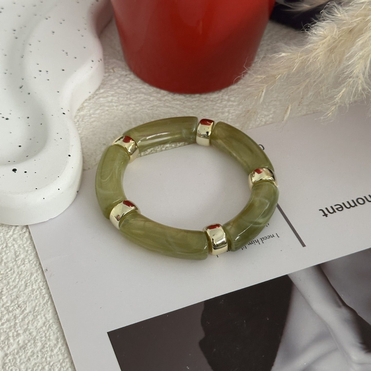 Minimalist Vintage Geometric Drip Oil Acrylic Bamboo Joint Cuff Bracelet Set