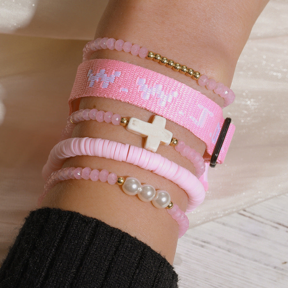 WWJD Letter Cross Turquoise Pearl Crystal Resin Beaded Bracelet Set