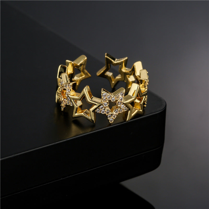 Gold Plated Brass Geometric Star Open Ring with Micro-Inlaid Cubic Zirconia for Women