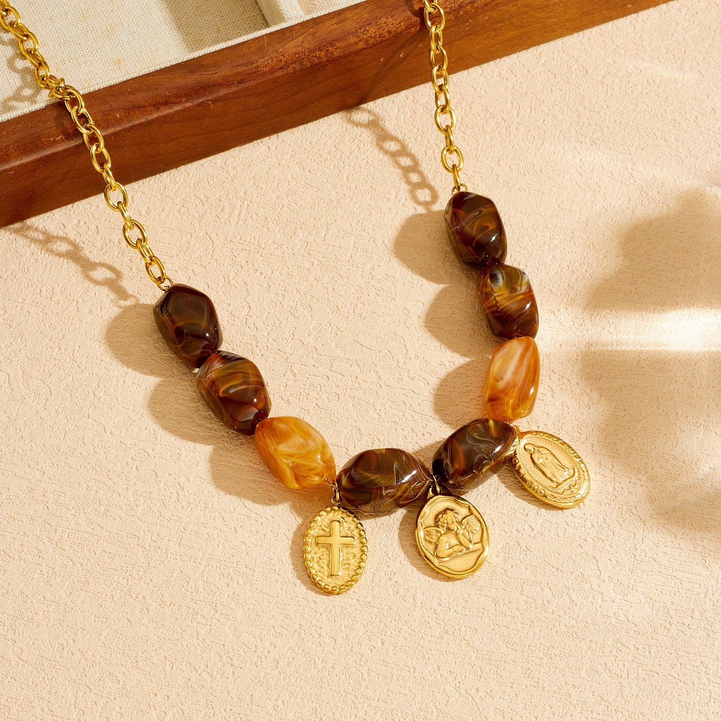 Vintage Ethnic Gold Plated Stainless Steel Cross Oval Round Beaded Necklace for Women