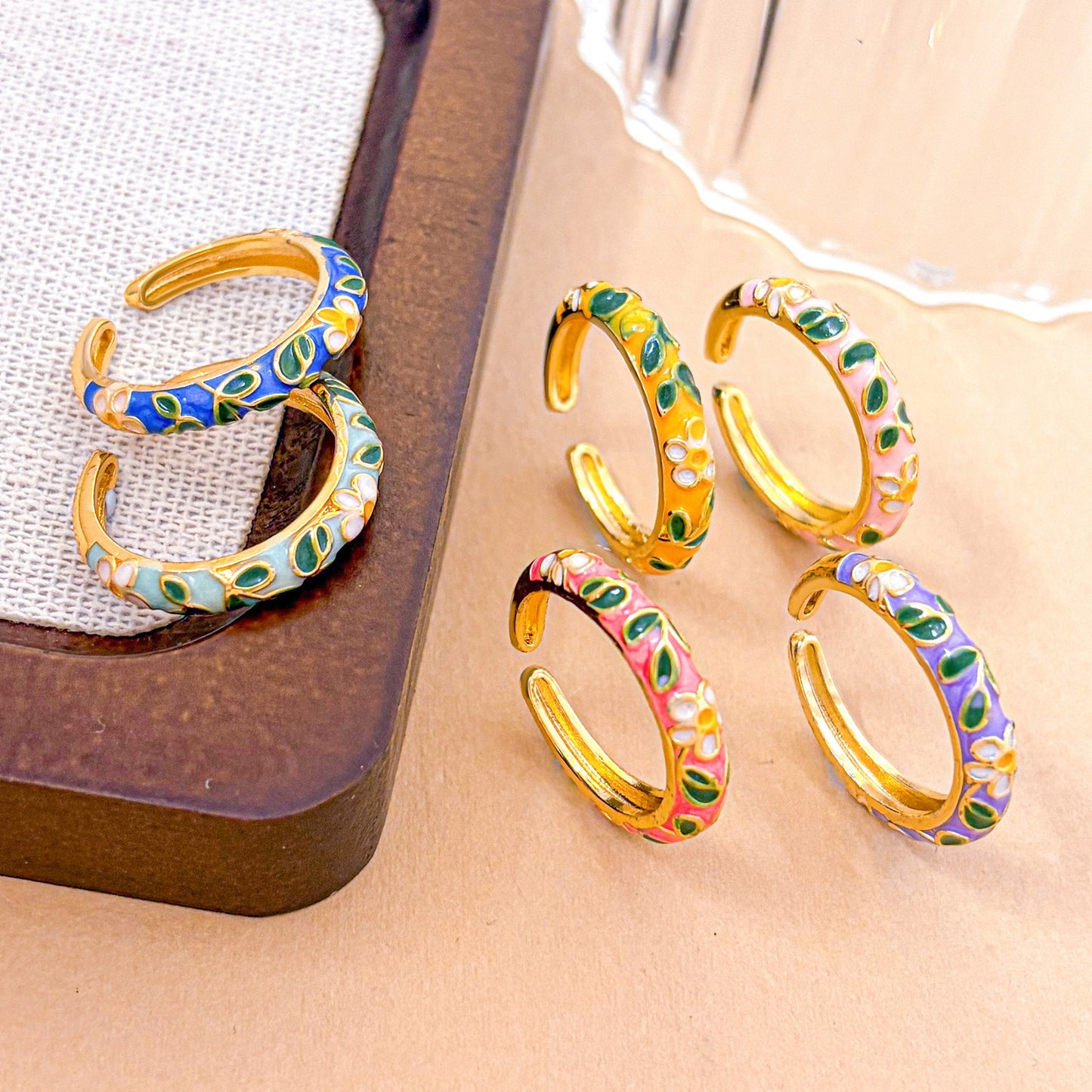 Vintage Sweet Floral Enamel Gold Plated Brass Ring for Women