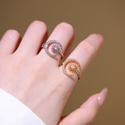 Anello regolabile minimalista geometrico Luna e Sole da donna con zirconi in rame placcato oro