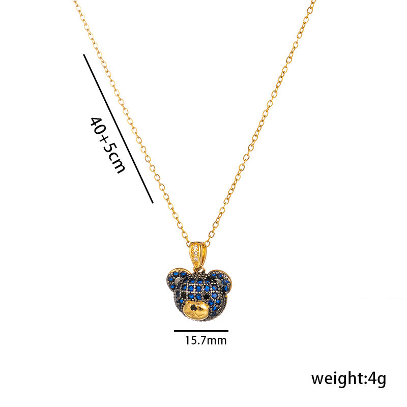 Minimalist 18K Gold Plated Colorful Bear Pendant Necklace with Rhinestones Titanium Steel O-Chain for Women