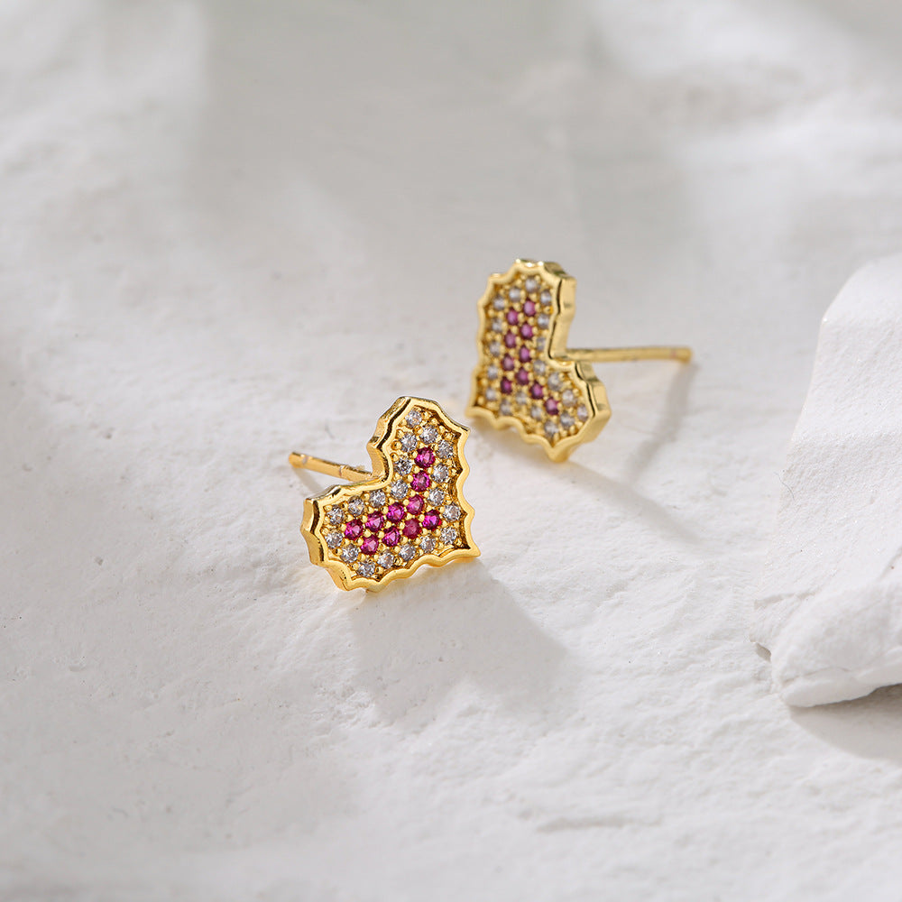 Minimalist Heart-Shaped Copper Earrings with 18K Gold Plating and Micro-Pave Zirconia for Women