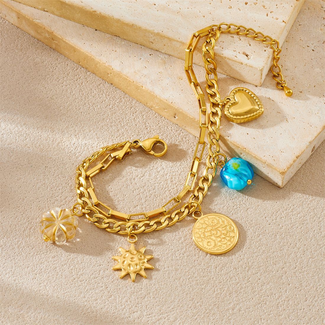 Minimalist Elegant Floral Heart Geometric Plated Stainless Steel Double Layer Bracelet for Women