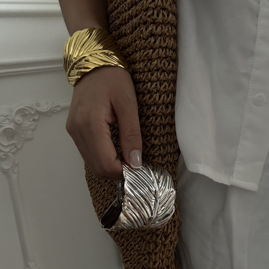 Bohemian Engraved Feather Wide Cuff Bracelet Gold Plated Metal Jewelry for Women