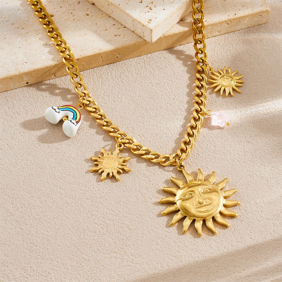Unique Gold Plated Stainless Steel Moon Star Ceramic Rainbow Pendant Necklace and Bracelet Set for Women