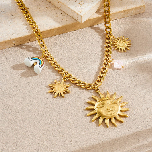 Unique Gold Plated Stainless Steel Moon Star Ceramic Rainbow Pendant Necklace and Bracelet Set for Women