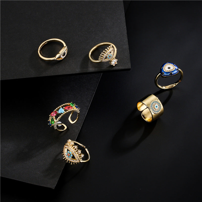 Geometric Micro-pavé Brass Ring for Women Adjustable Evil Eye Design
