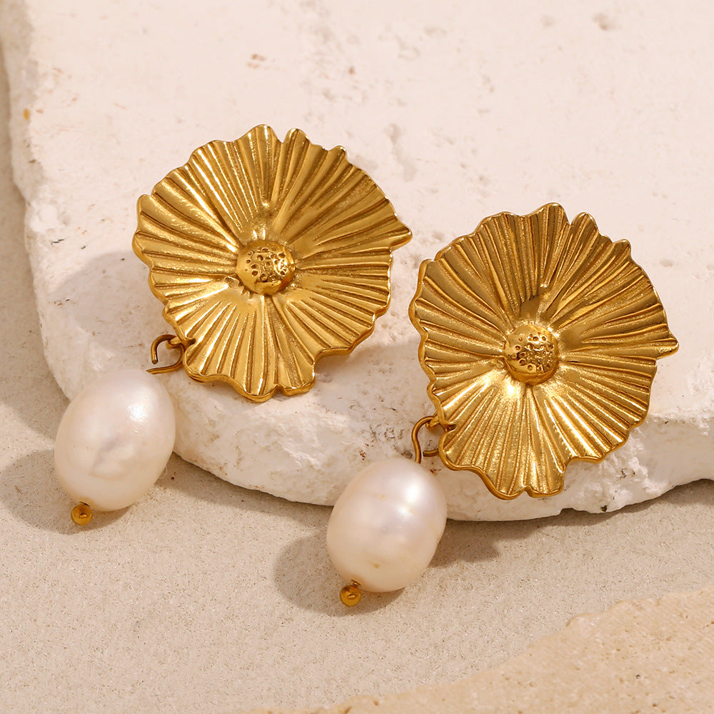 Orecchini da donna in acciaio inossidabile placcato oro 18K con perle, stile geometrico vintage francese