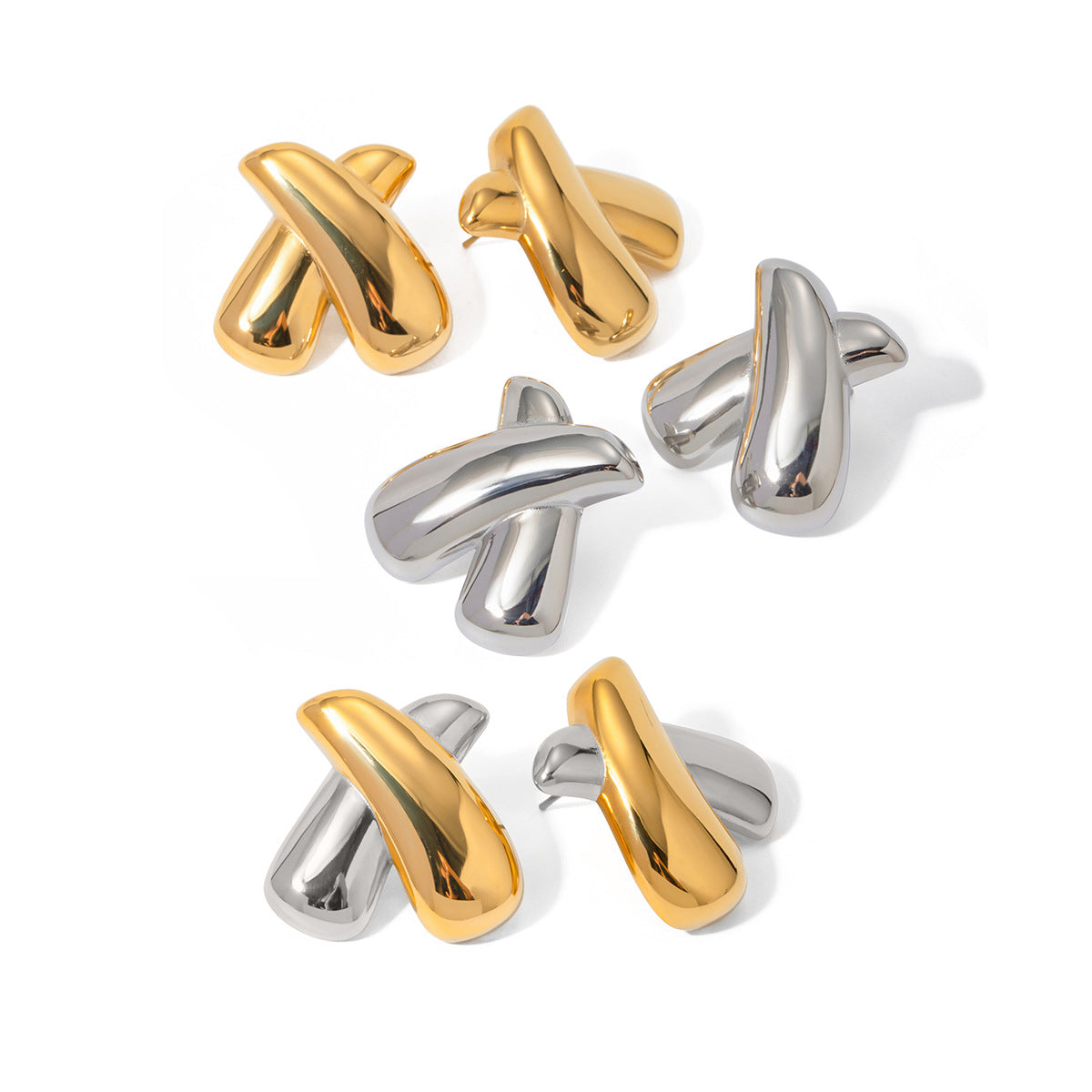 Ins Style Asymmetric X Shape Plated 18K Gold Stainless Steel Stud Earrings Unisex Lightweight