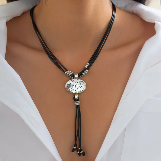Vintage Bohemian Oval Pendant Alloy Plated Necklace with Tassel for Women