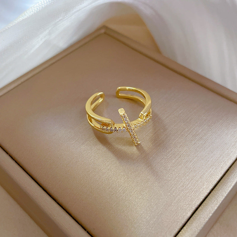 Minimalist Cross-Shaped Brass Ring with Gold Plating for Women, Lightweight Luxury Finger Ring Featuring Clean Aesthetic and Subtle Crown Silhouette