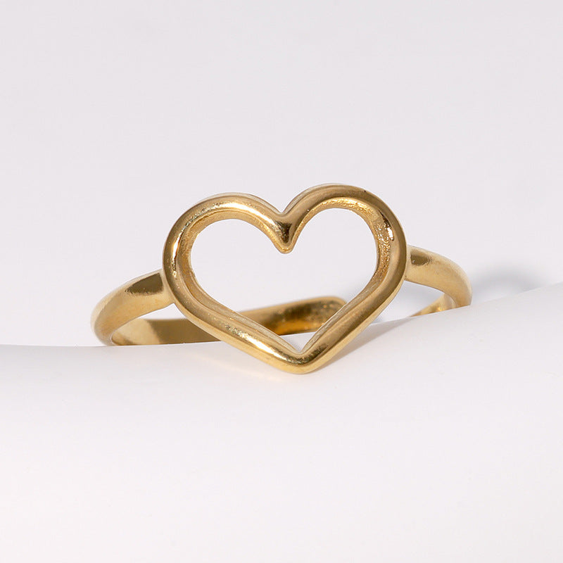 Sweet Minimalist Heart-Shaped Stainless Steel Open Ring with 18K Gold Plating for Women
