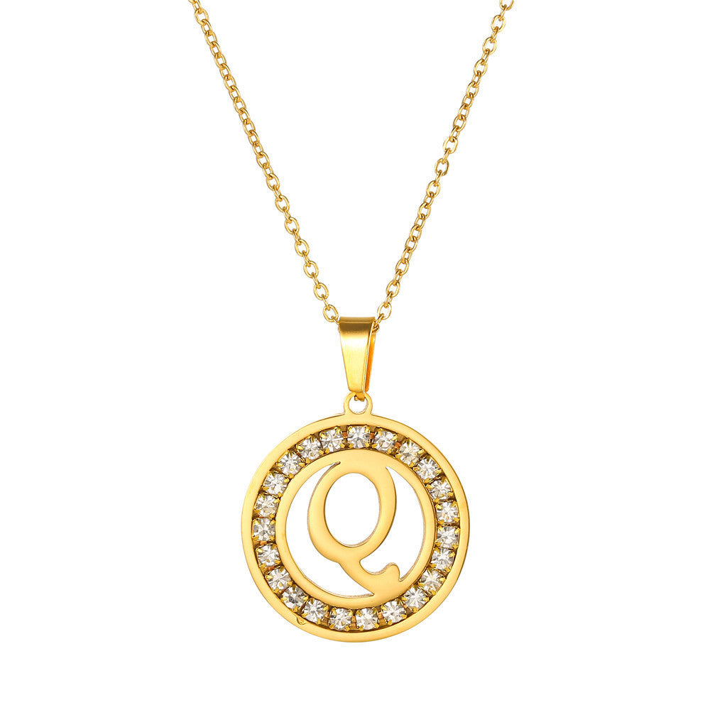 Minimalist Gold Plated Round Letter Rhinestone Inlay Pendant Necklace Titanium Steel Cable Chain